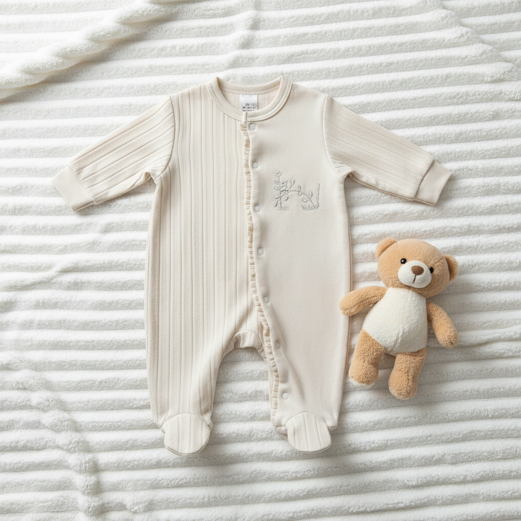 Flat lay kombinezon sa igračkom i ćebetom